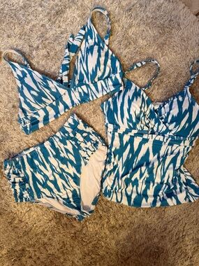 Anne Cole Teal and White Ikat Three-Piece Swim Set